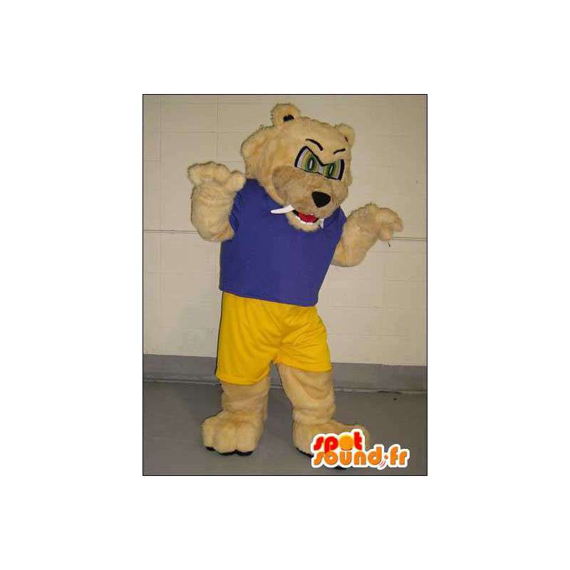 Mascota del oso Beige vestida de deportes azul y amarillo - MASFR005760 - Oso mascota