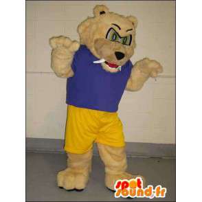 Mascota del oso Beige vestida de deportes azul y amarillo - MASFR005760 - Oso mascota