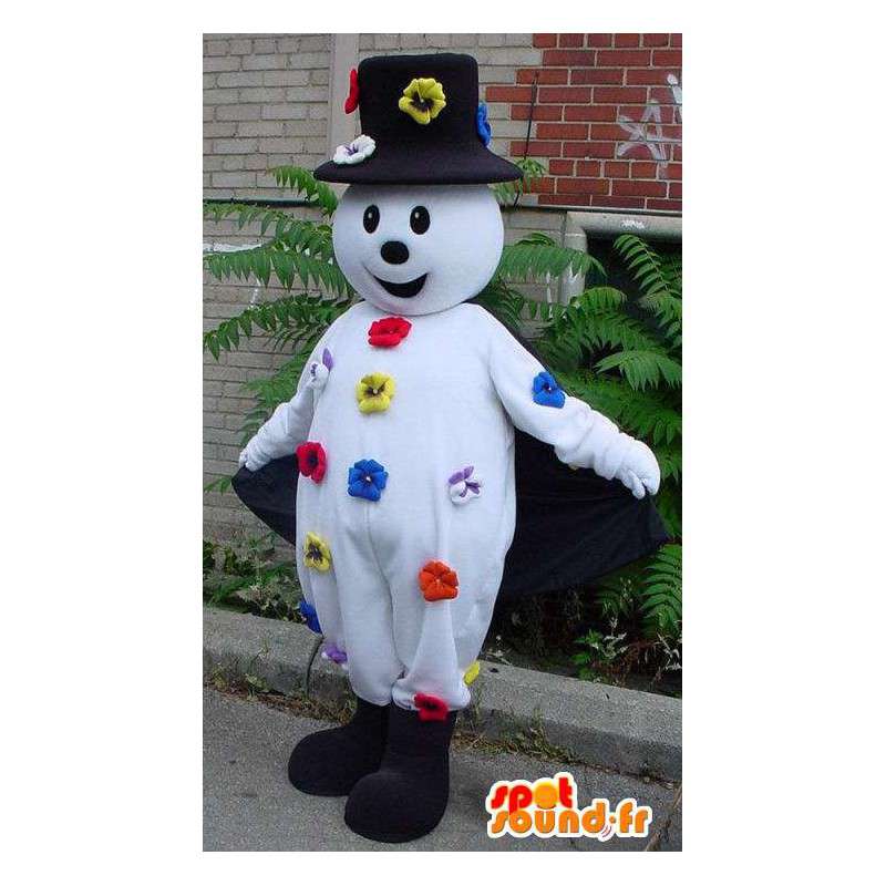 Mascotte de bonhomme de neige blanc et noir avec des fleurs - MASFR005777 - Mascottes Homme