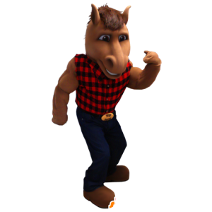 Mascotte de cheval marron avec une chemise à carreaux et un jean - MASFR21239 - Mascottes Cheval