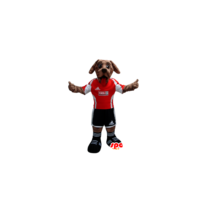 犬マスコット の 黒と赤のサッカーの服を着て茶色の犬のマスコット