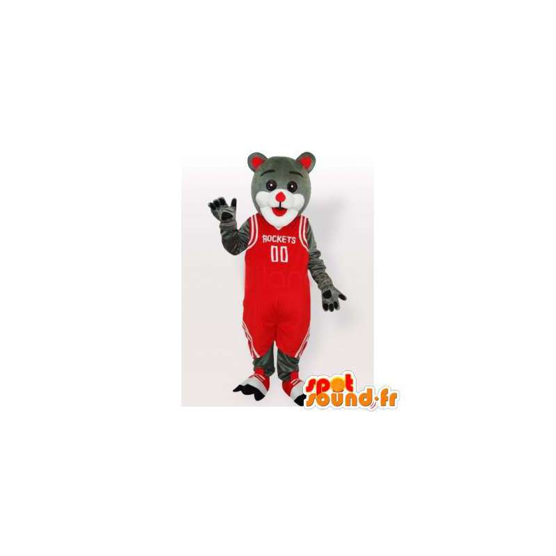 Grå og hvid katmaskot i rødt basketballtøj - Spotsound maskot