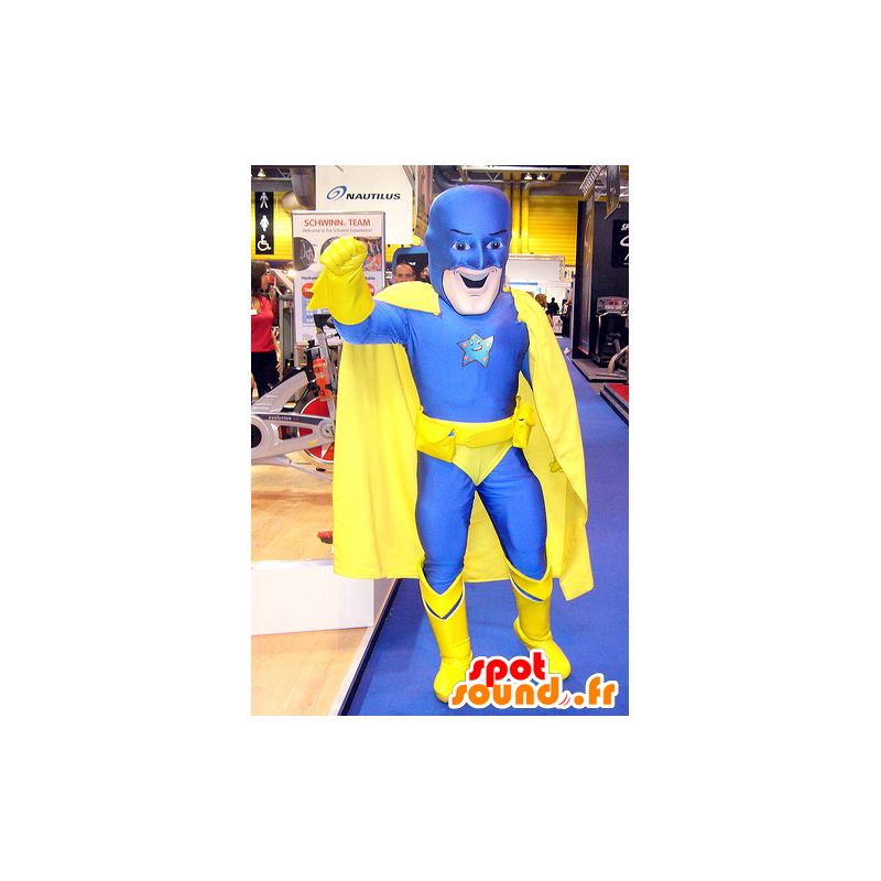 スーパーヒーローのマスコット の 青と黄色の組み合わせでスーパーヒーローのマスコット