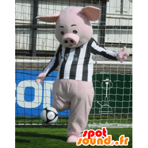 Mascote porco cor de rosa com uma camisa preta e branca - MASFR22326 - mascotes porco