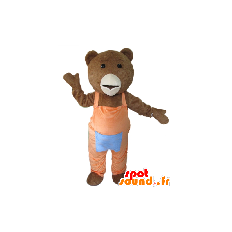 Mascot brauner und weißer Bär mit einem orangefarbenen Overall - MASFR22610 - Bär Maskottchen