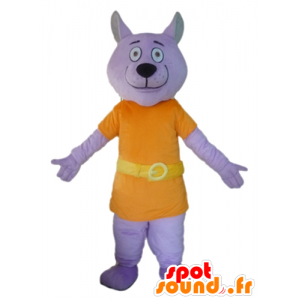Fialový vlk maskot oblečený v oranžové barvě - MASFR22810 - vlk Maskoti