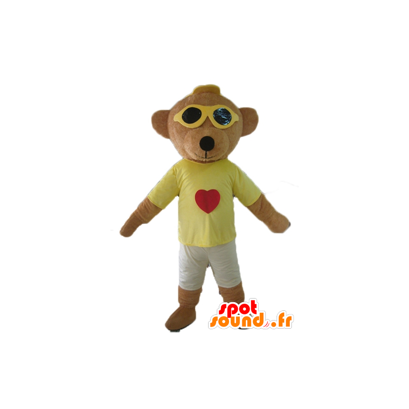 Mascotte de nounours marron, en tenue colorée, avec des lunettes - MASFR22812 - Mascotte d'ours