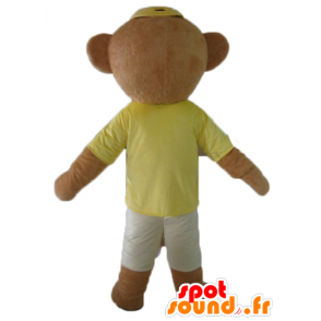 Mascotte de nounours marron, en tenue colorée, avec des lunettes - MASFR22812 - Mascotte d'ours