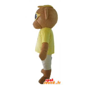 Mascotte de nounours marron, en tenue colorée, avec des lunettes - MASFR22812 - Mascotte d'ours