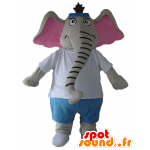Mascotte elefante grigio e rosa, blu e bianco vestito - MASFR22898 - Mascotte elefante