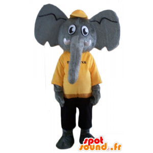 Mascotte d'éléphant gris, en tenue jaune et noire - MASFR22903 - Mascottes Elephant