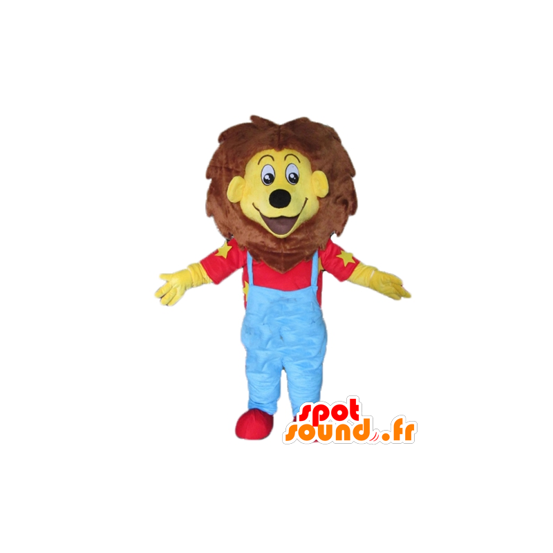 Mascotte small yellow and brown lion in blue dress and red - MASFR22923 - Lion mascots