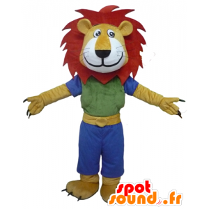 Geel leeuw mascotte, wit en rood, met een kleurrijke outfit - MASFR22946 - Lion Mascottes