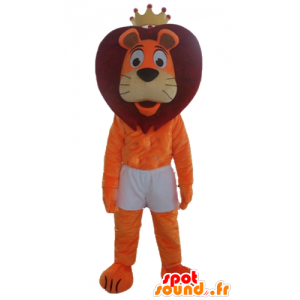 Naranja y rojo de la mascota del león en pantalones cortos, con una corona - MASFR22969 - Mascotas de León