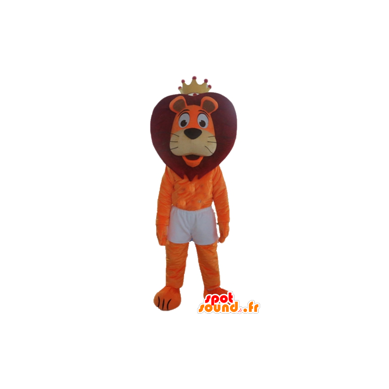 Mascotte de lion orange et rouge en short, avec une couronne - MASFR22969 - Mascottes Lion