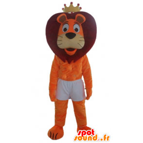 Mascotte de lion orange et rouge en short, avec une couronne - MASFR22969 - Mascottes Lion