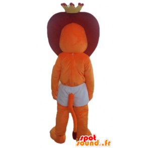 Mascotte de lion orange et rouge en short, avec une couronne - MASFR22969 - Mascottes Lion