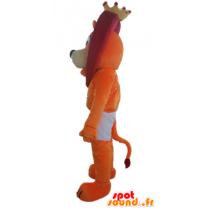 Mascotte de lion orange et rouge en short, avec une couronne - MASFR22969 - Mascottes Lion