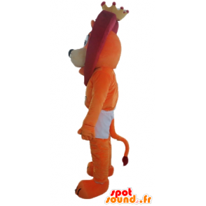 Mascotte de lion orange et rouge en short, avec une couronne - MASFR22969 - Mascottes Lion