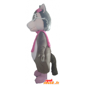 Mascota del lobo gris, blanco y rosa, con gafas - MASFR23032 - Mascotas lobo