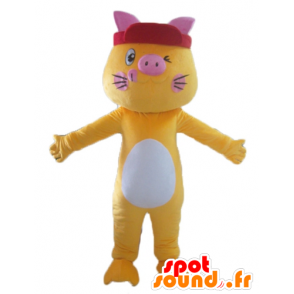 Mascotte de chat jaune, blanc et rose, coloré et drôle - MASFR23042 - Mascottes de chat