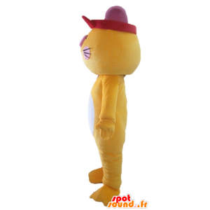 Mascotte de chat jaune, blanc et rose, coloré et drôle - MASFR23042 - Mascottes de chat