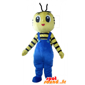 Maskottchen-gelb und schwarz Biene mit blauen Overalls - MASFR23102 - Maskottchen Biene