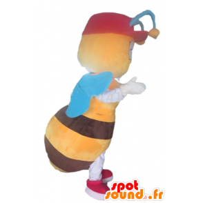 Maskotti keltainen ja ruskea mehiläinen sininen siivet - MASFR23157 - Bee Mascot