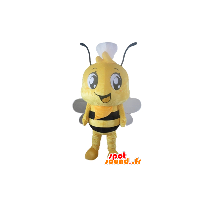 Maskot žluté a černé včela s kloboukem na hlavě - MASFR23171 - Bee Maskot