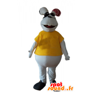Rabbit mascot, white and plump, with a yellow t-shirt - MASFR23225 - Rabbit mascot
