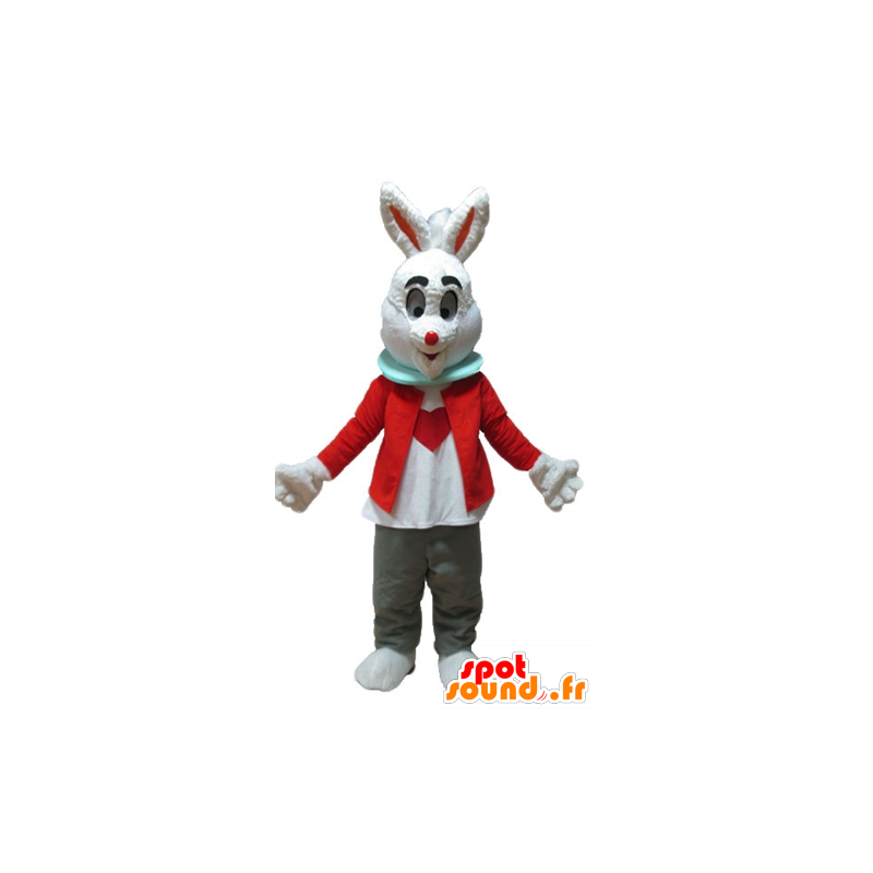 マスコットのウサギ の 赤いジャケットとグレーのズボンと白ウサギのマスコット
