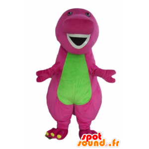 Mascote de dinossauro rosa e verde gordo e engraçado
