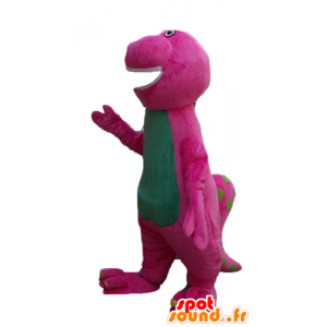 Mascote de dinossauro rosa e verde gordo e engraçado