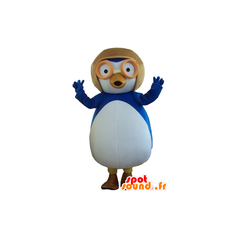 Mascotte gran pájaro azul y blanco con un casco de vuelo - MASFR23788 - Mascota de aves