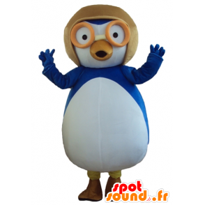 Mascotte gran pájaro azul y blanco con un casco de vuelo - MASFR23788 - Mascota de aves