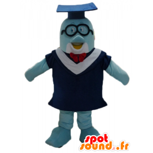 Blue Dolphin Mascot med toga og en studentlue - MASFR24103 - Dolphin Mascot