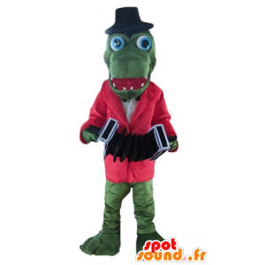 Green crocodile mascot with a red jacket and an accordion - MASFR24134 - Mascot of crocodiles