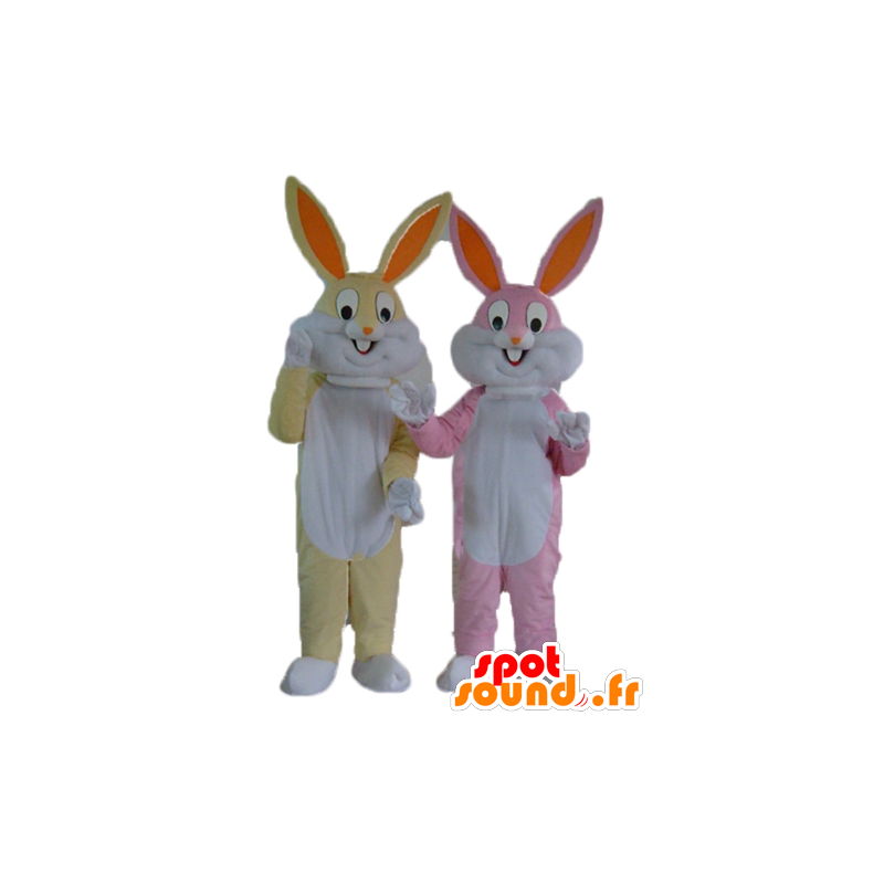 2 Kaninchen Maskottchen, gelb und weiß und rosa und weiß - MASFR24477 - Hase Maskottchen