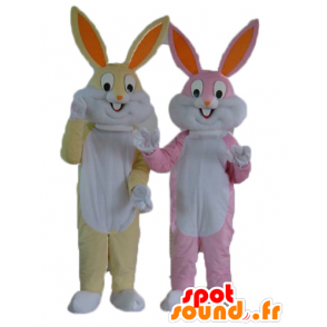 2 Kaninchen Maskottchen, gelb und weiß und rosa und weiß - MASFR24477 - Hase Maskottchen