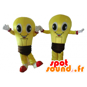 2 mascottes d'ampoules jaunes et marron, très souriantes - MASFR24506 - Mascottes Ampoule