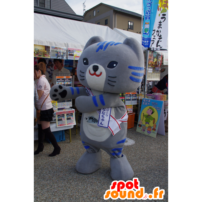 Mascot grijze en blauwe kat met een grote kop - MASFR25158 - Yuru-Chara Japanse Mascottes