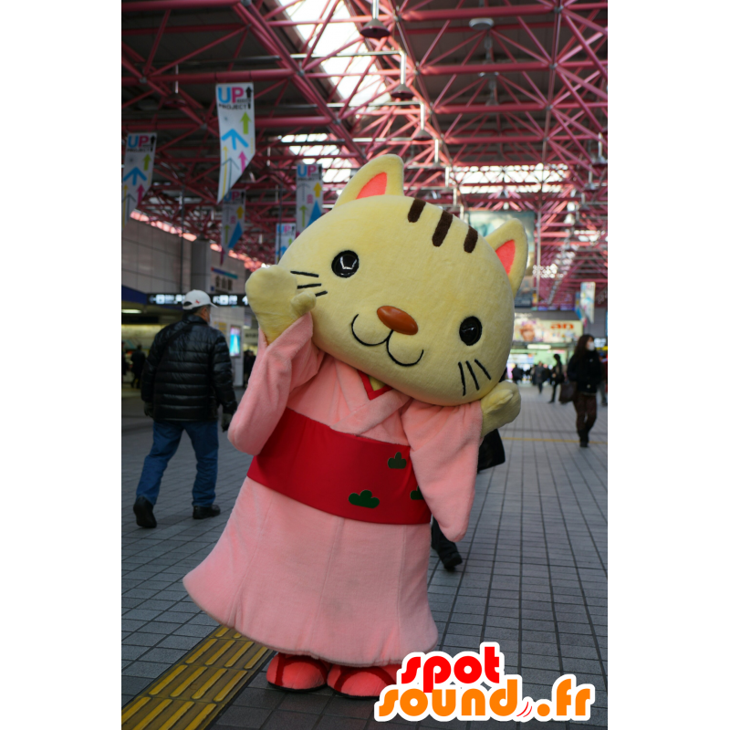 ゆるキャラマスコット日本人 の ピンクのチュニックを着た黄色の猫のマスコット 色変更 変化なし 切る L 180 190センチ 撮影に最適 番号 服とは 写真にある場合 番号 付属品 番号