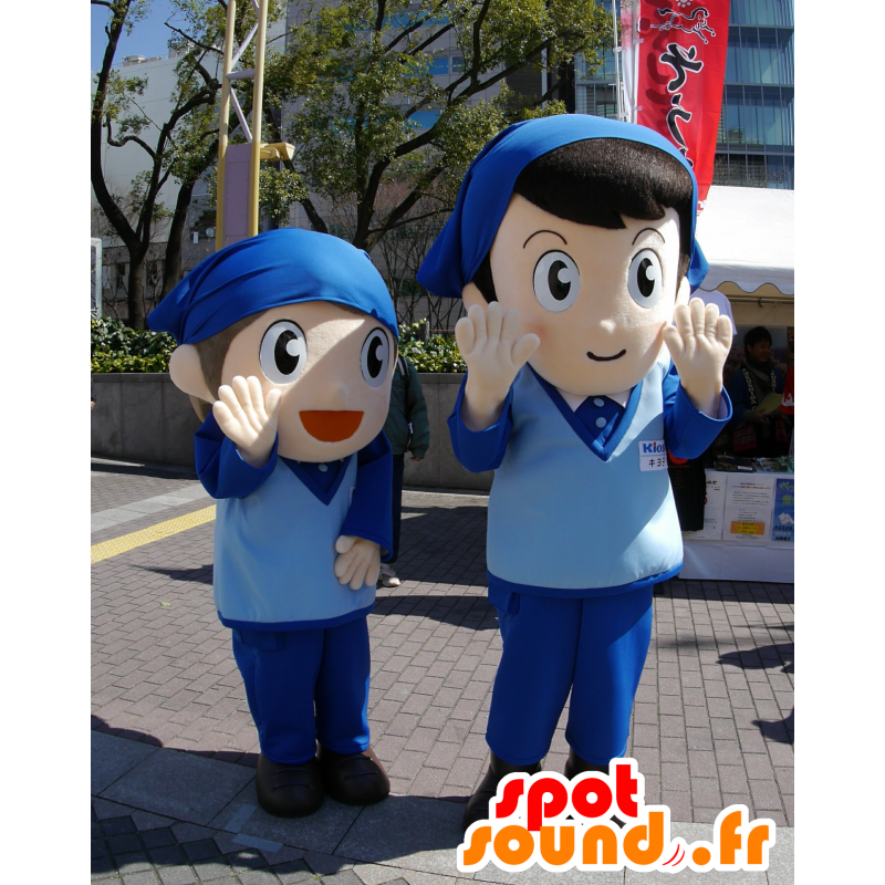 ゆるキャラマスコット日本人 の バンダナと青の制服を着た子供たちの2つのマスコット 色変更 変化なし 切る L 180 190センチ 撮影に最適 番号 服とは 写真にある場合 番号 付属品 番号