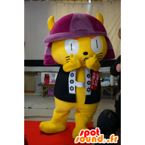 Yellow cat mascot samurai with a purple helmet - MASFR25640 - Yuru-Chara Japanese mascots