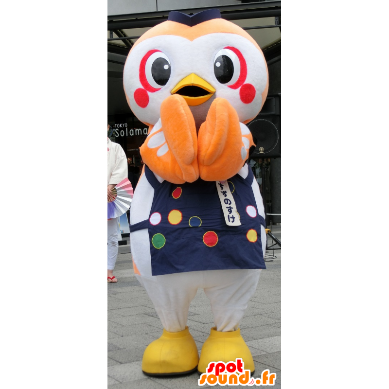 Oranje en witte uil mascotte, een blauwe schort - MASFR25921 - Yuru-Chara Japanse Mascottes