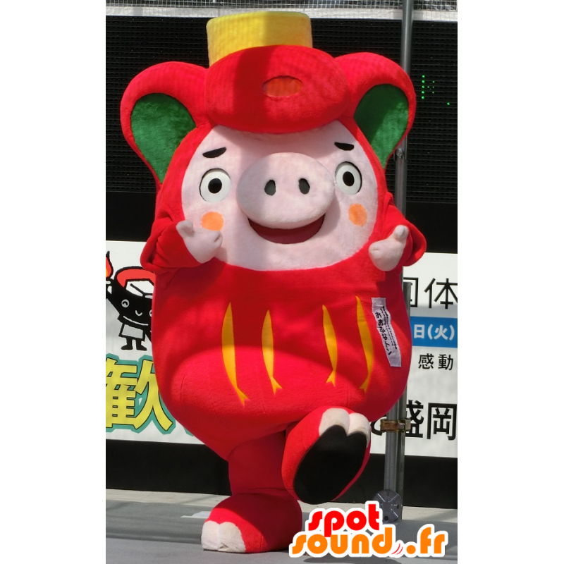 Mascotte d'Ofunaton, cochon rose, rouge et vert, dodu et rigolo - MASFR25931 - Mascottes Yuru-Chara Japonaises