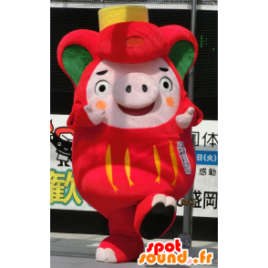 Mascotte d'Ofunaton, cochon rose, rouge et vert, dodu et rigolo - MASFR25931 - Mascottes Yuru-Chara Japonaises