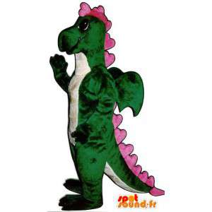 Mascote de dinossauro rosa e verde gordo e engraçado