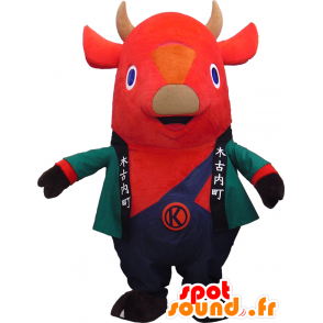 Mascota Kiko, vaca, toro overoles rojos - MASFR26329 - Yuru-Chara mascotas japonesas