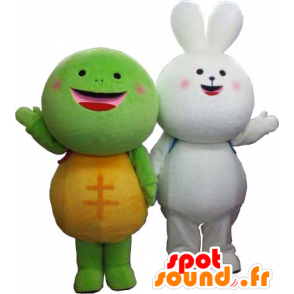 2 mascottes, un lapin tout blanc et une tortue verte et jaune - MASFR26356 - Mascottes Yuru-Chara Japonaises